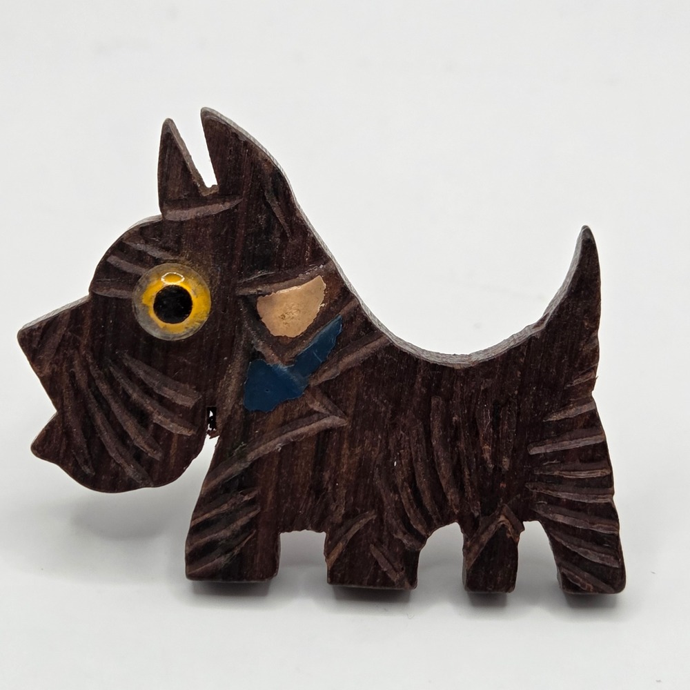 Vintage Carved Wood Scottie Dog Brooch Pin Painted Eye Scottish Terrier Folk Art